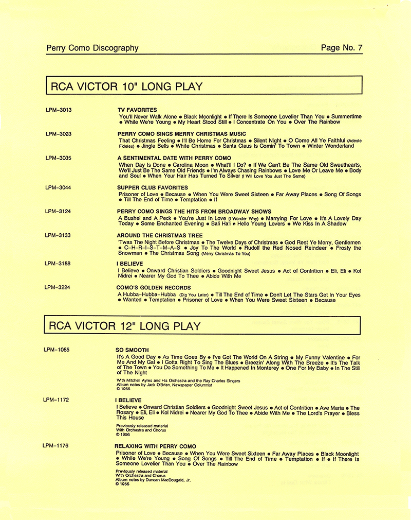 A Perry Como Discography - 1987 � 2020