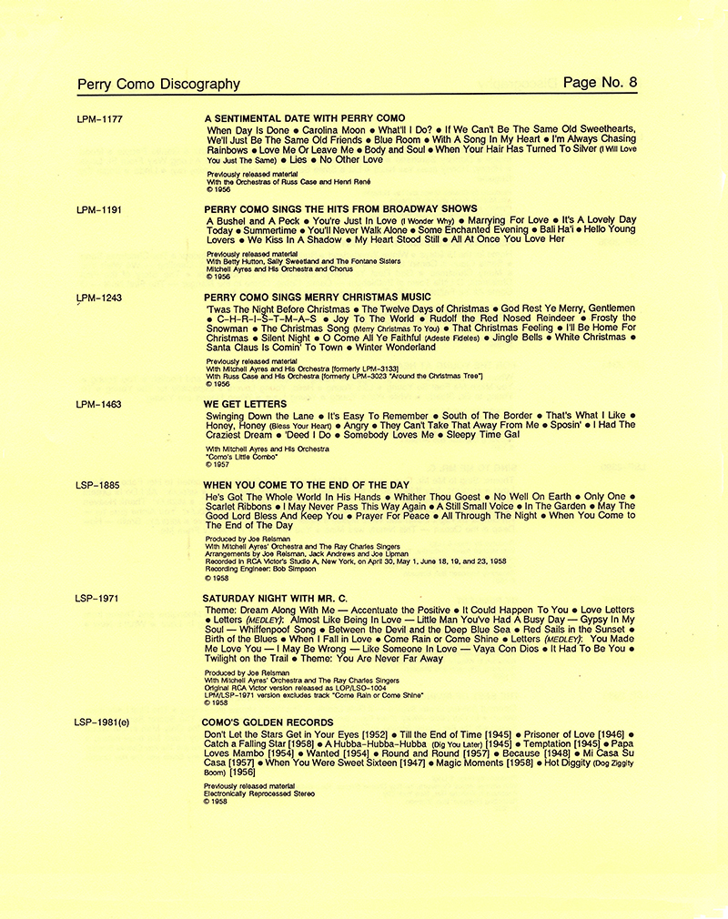 A Perry Como Discography - 1987 � 2020