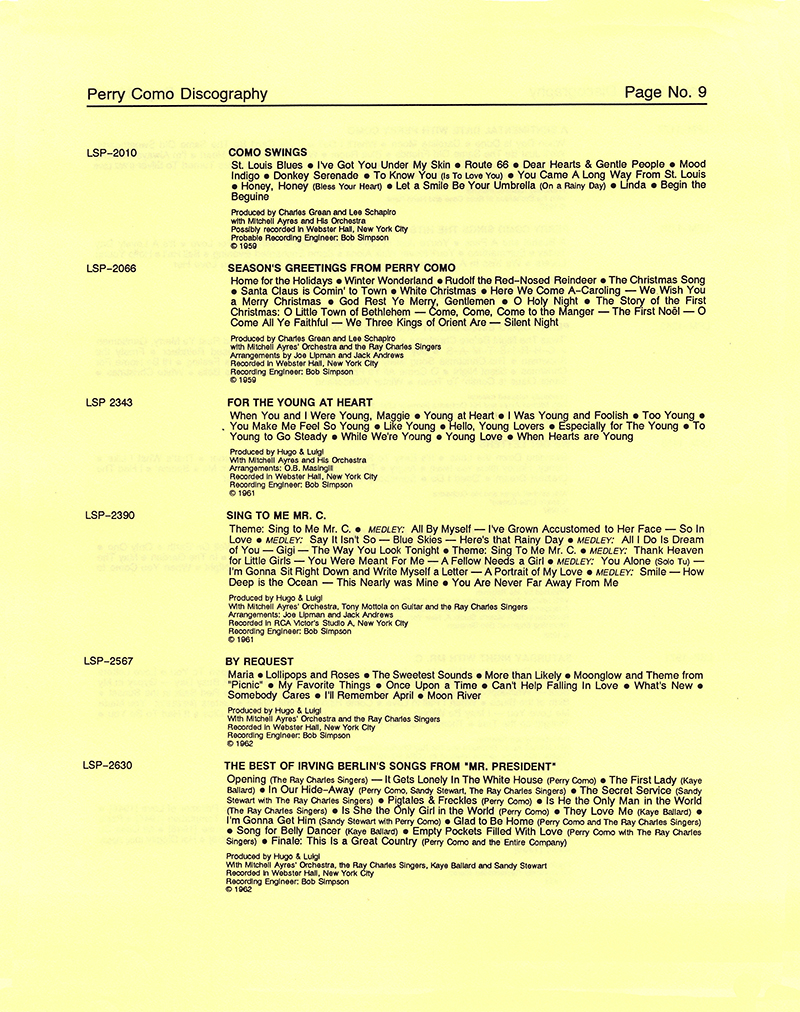 A Perry Como Discography - 1987 � 2020