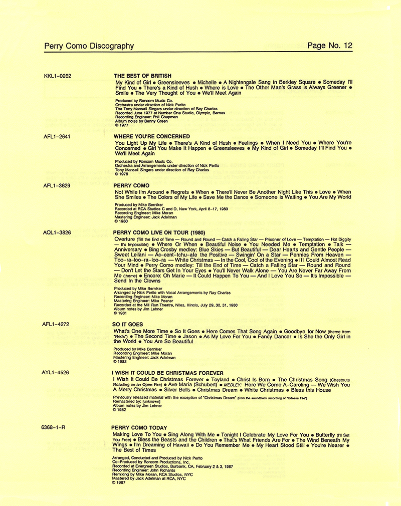 A Perry Como Discography - 1987 � 2020