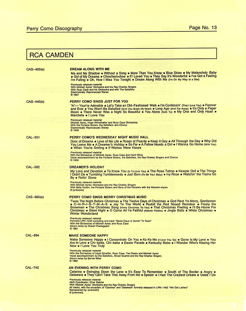 A Perry Como Discography - 1987 � 2020