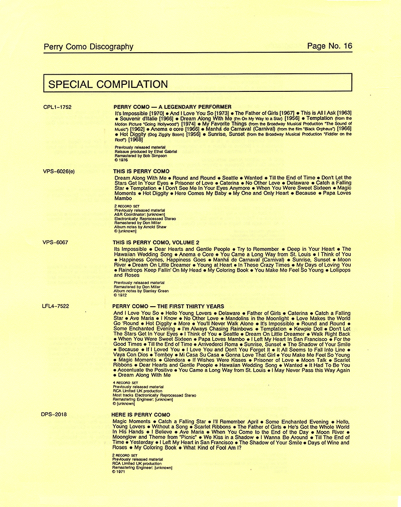 A Perry Como Discography - 1987 � 2020
