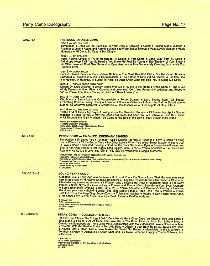 A Perry Como Discography - 1987 � 2020
