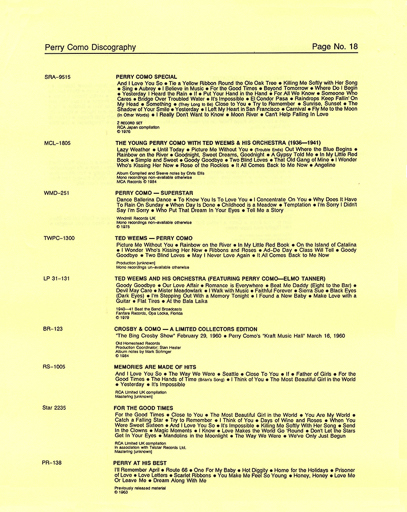 A Perry Como Discography - 1987 � 2020
