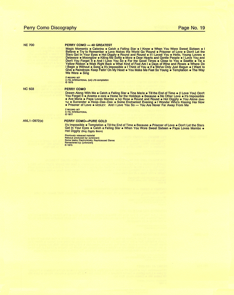 A Perry Como Discography - 1987 � 2020