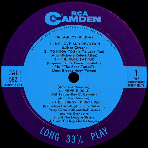 Dreamer's Holiday RCA Camden album CAL 582 released in 1960
